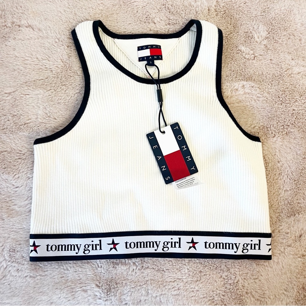 Tommy Hilfiger Tommy Girl White Ribbed Crop Tank with Black Trim - Picture 3 of 11